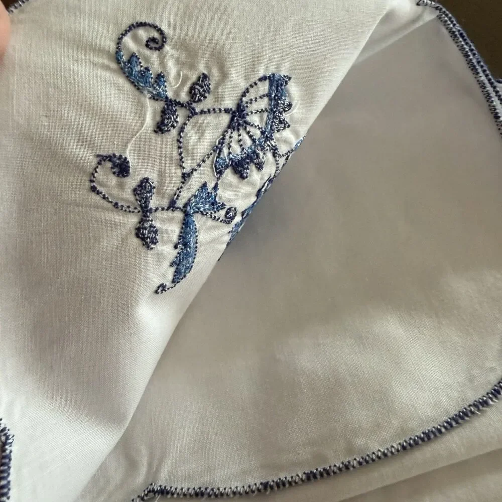 Five (5) B.M. Jabara And Sons Blue Floral Blue White Emboidered Floral Napkins